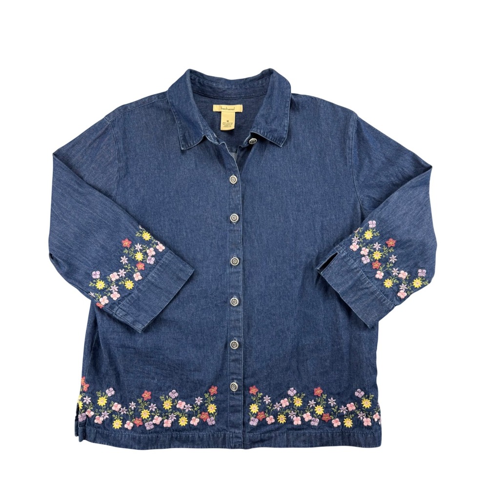 Bechamel Vintage Floral Embroidered Denim Button Up Shirt Blue Cotton Womens M